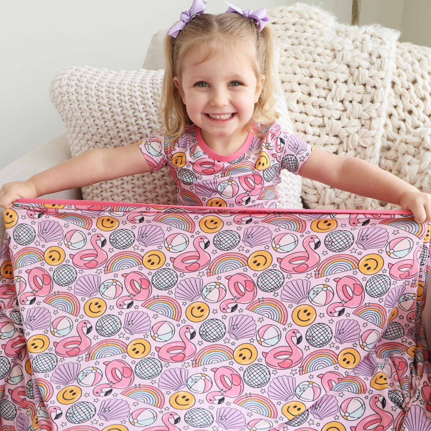 pink floatie bamboo blanket for kids with disco balls 