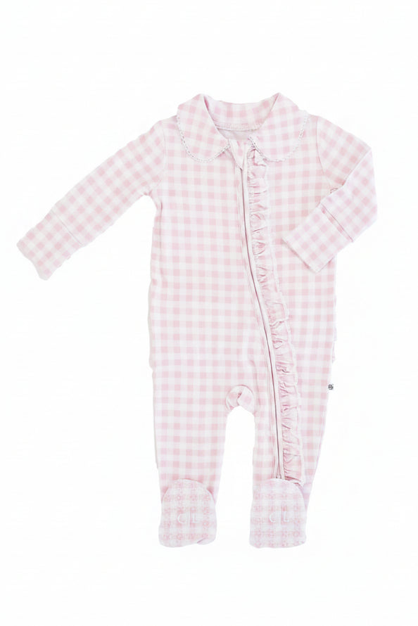 pink gingham print footie pajamas with ruffle butt for babies