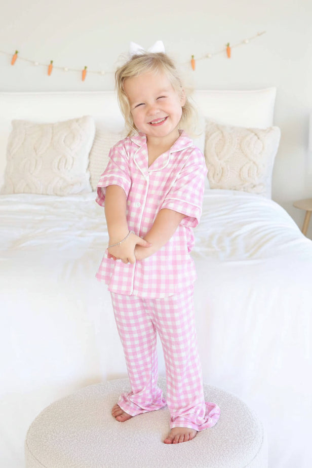 Girl's Two Piece Flare Lounge Set | Pink Gingham