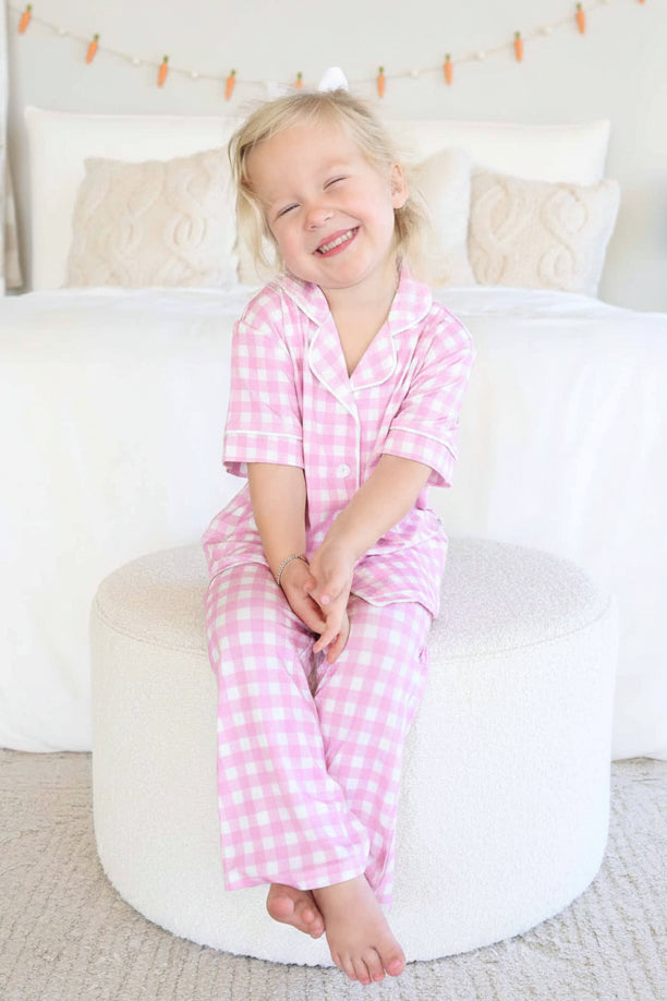 short sleeve collared bamboo lounge set for girls with flare pants in pink 