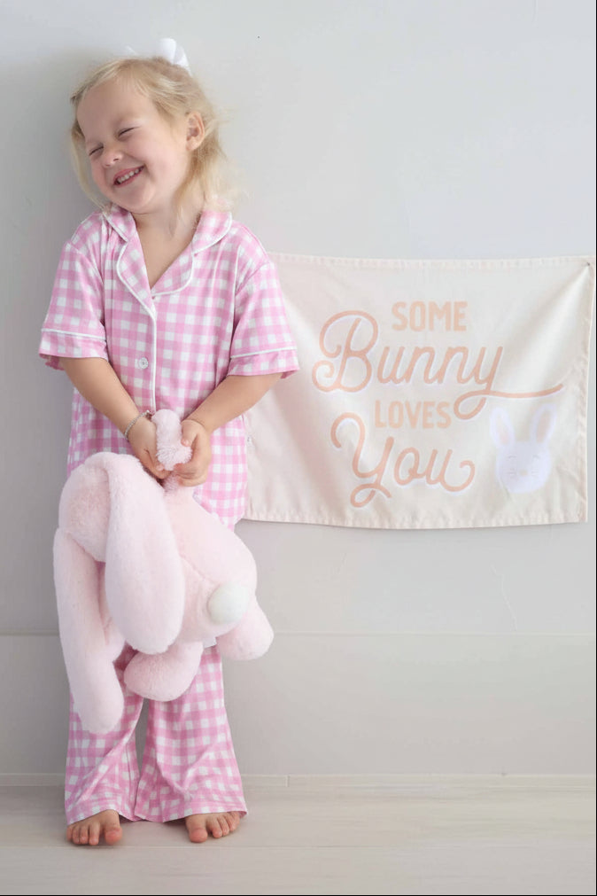 girls short sleeve flare lounge set for easter in pastel pink 