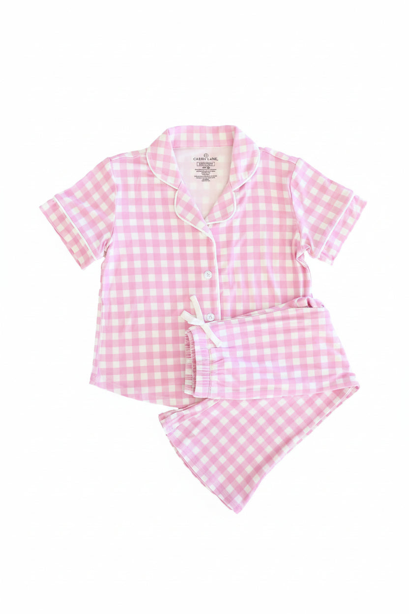 short sleeve button up pink gingham flare lounge set for girls with collared shirt 
