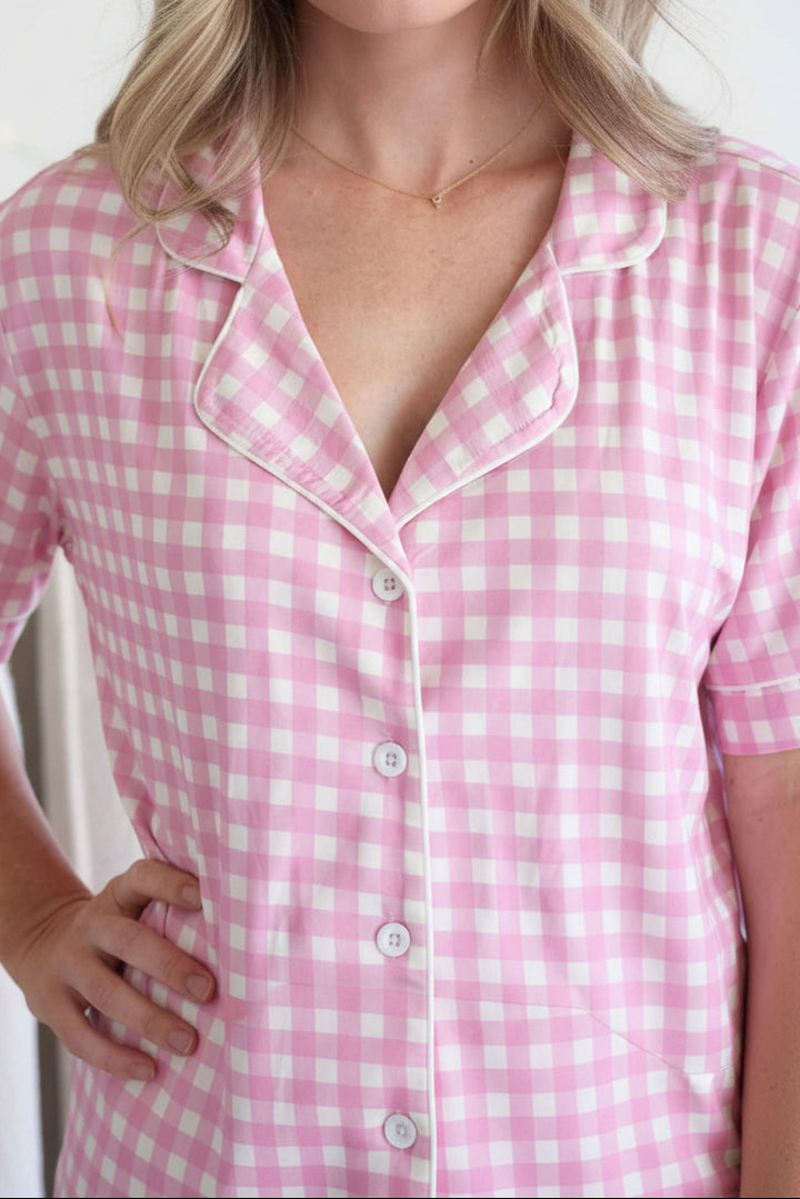 closeup of pink gingham collared lounge set for women 