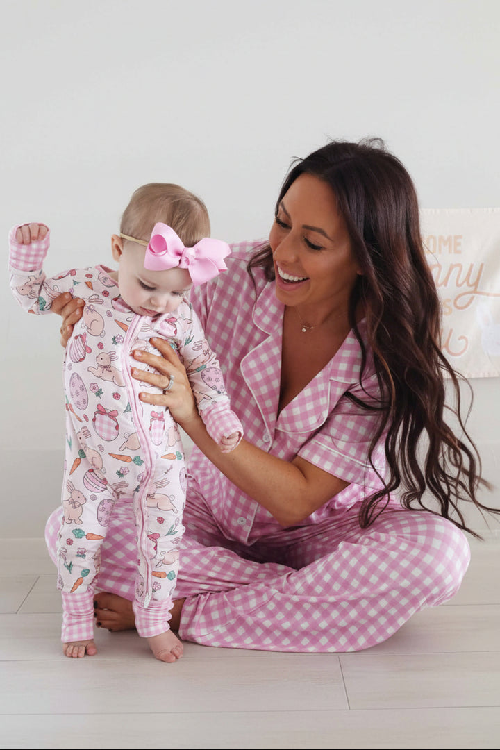 mom pink gingham flare lounge set with a matching convertible zip romper pajama for baby and toddler girls for easter 