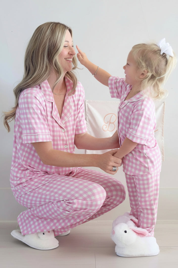 mom and daughter matching short sleeve lounge gingham flare sets for easter with matching bunny slippers 