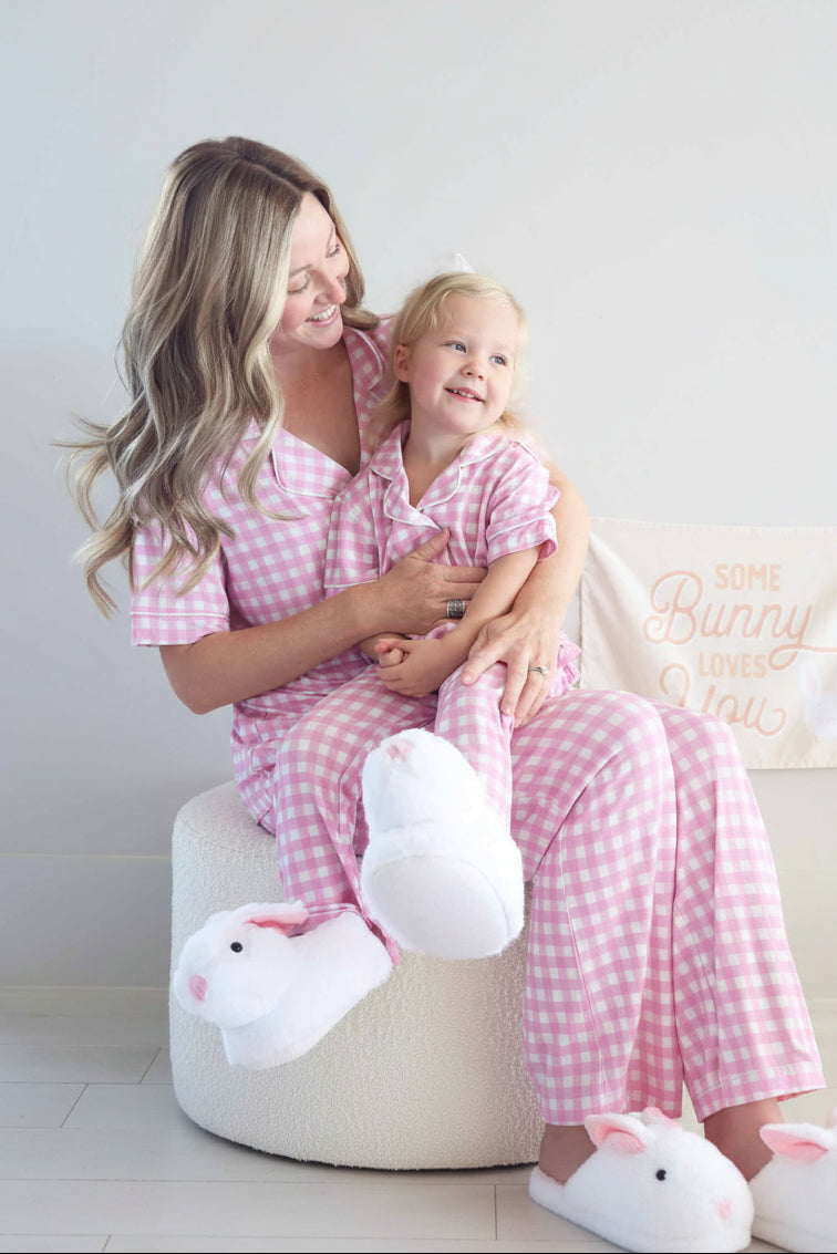 pink gingham flare lounge sets for mom and daughter 