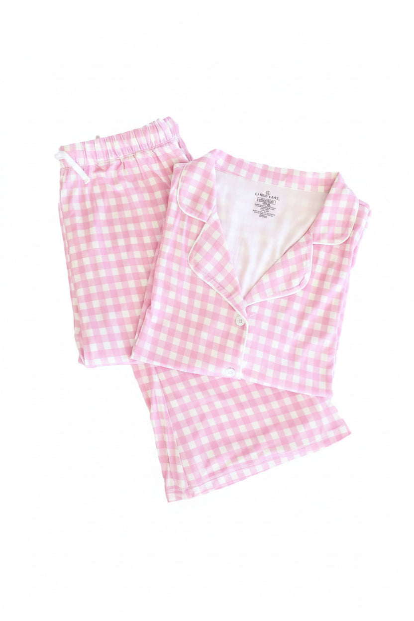 short sleeve collared flare lounge set for women in pink gingham 