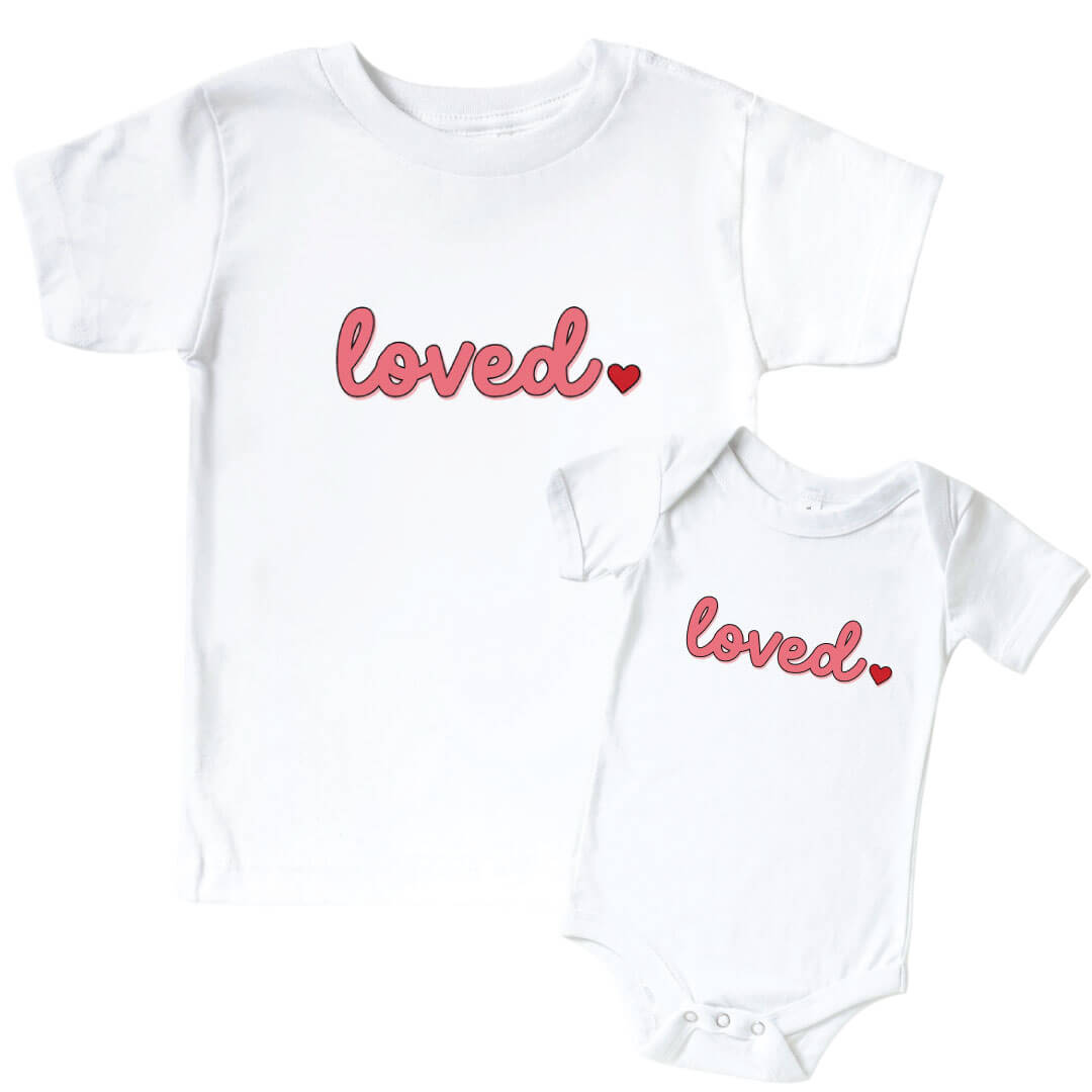 Loved Pink Graphic Bodysuit & Kids Tee | White