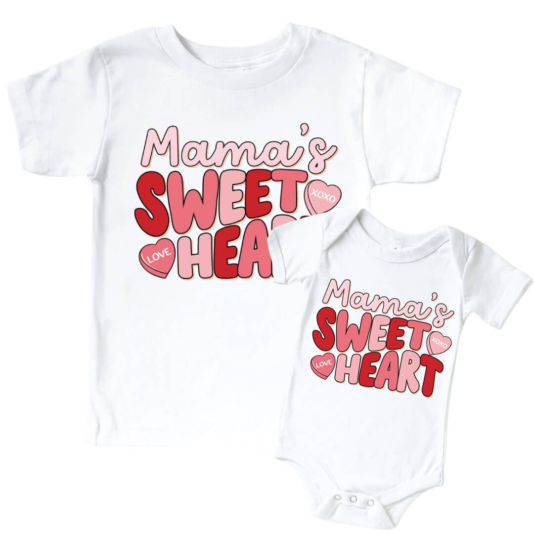 Mama's Sweetheart Pink Graphic Bodysuit & Kids Tee | White