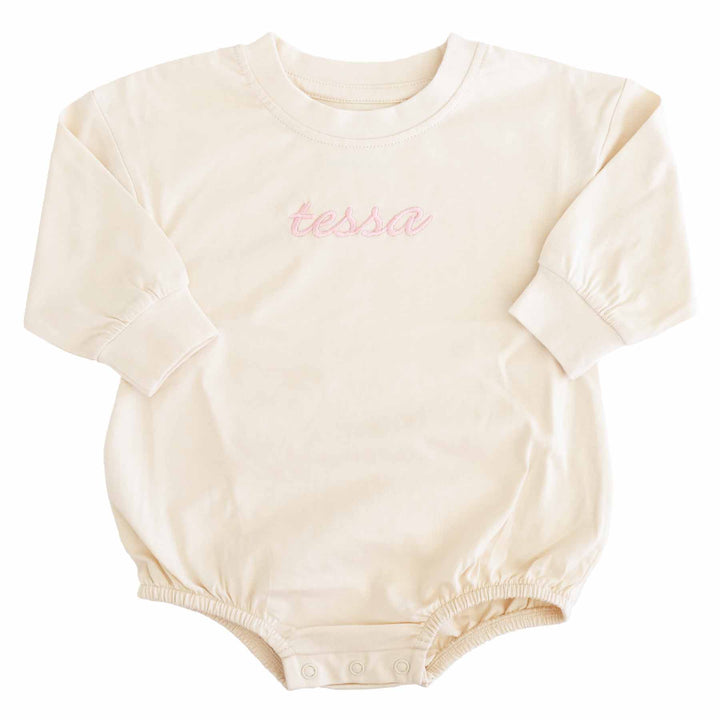 pink name embroidered long sleeve bubble romper for baby girls 