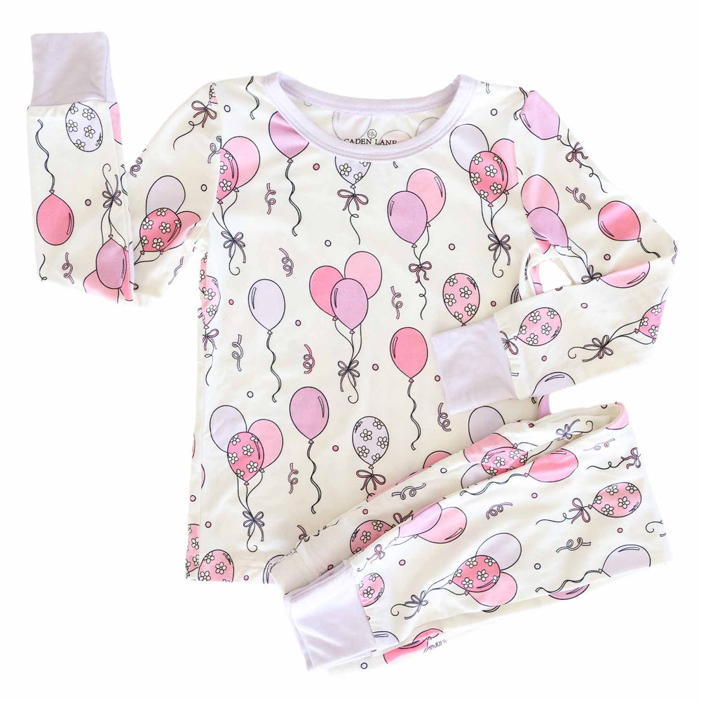 pink and purple balloon and streamer two piece bamboo pajama set for girls 