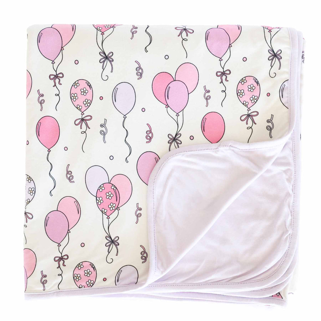 purple and pink floral balloon double sided bamboo blanket for kids 