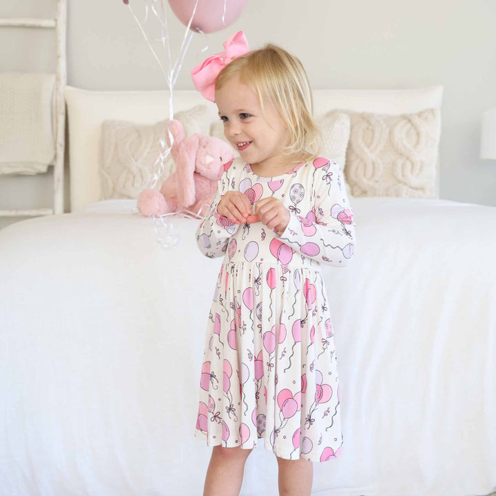 long sleeve knee length bamboo viscose pink balloon dress for girls 