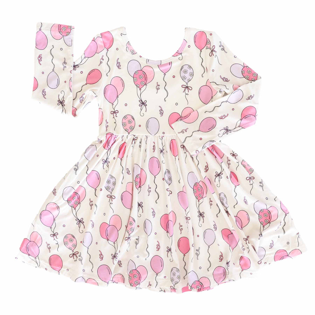long sleeve knee length dress for girls with pink balloons 