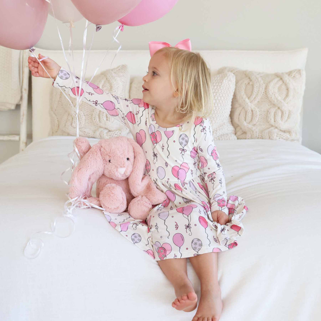 pink party time long sleeve ruffle twirl dress for girls 