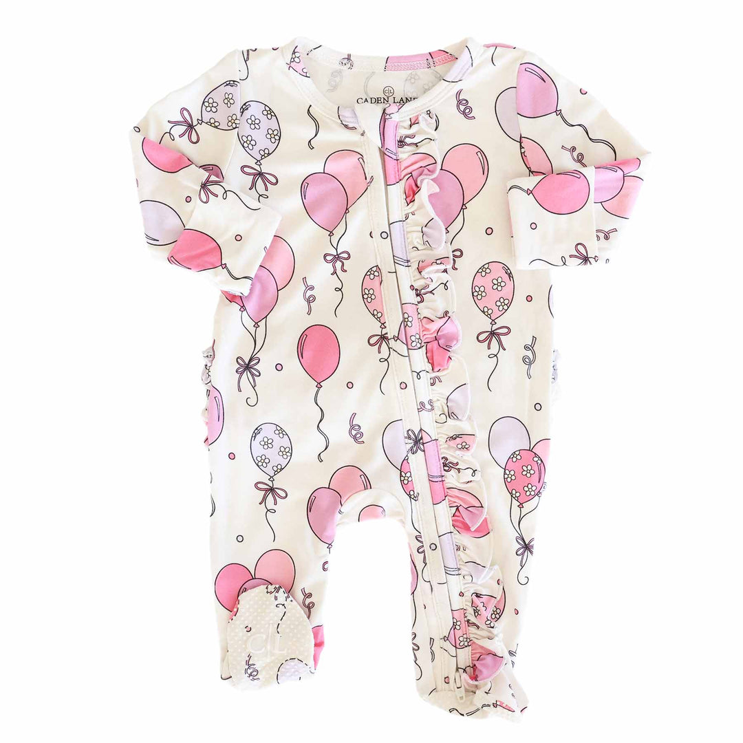 girly balloon birthday-themed ruffle zipper footie pajama for baby girls 