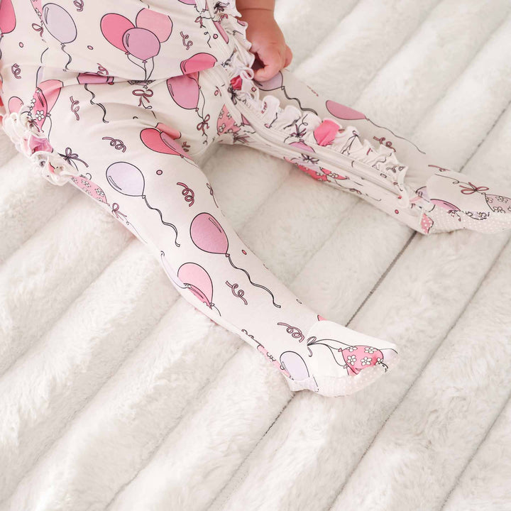 pink, purple and white party balloon ruffle footie pajama for baby girls 