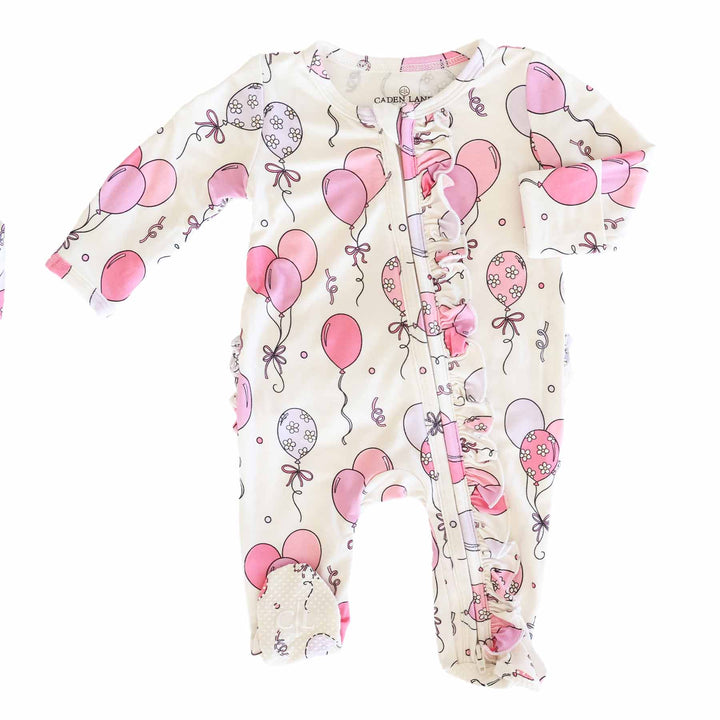 pink and purple balloon ruffle footie pajama for girls
