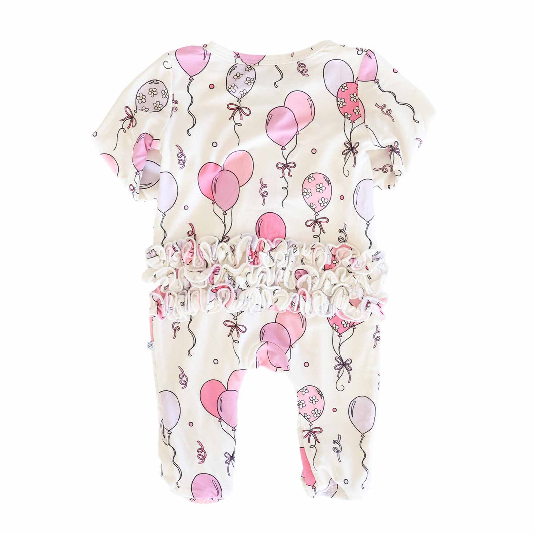 pink party time ruffle bottom zipper footie for baby girls 