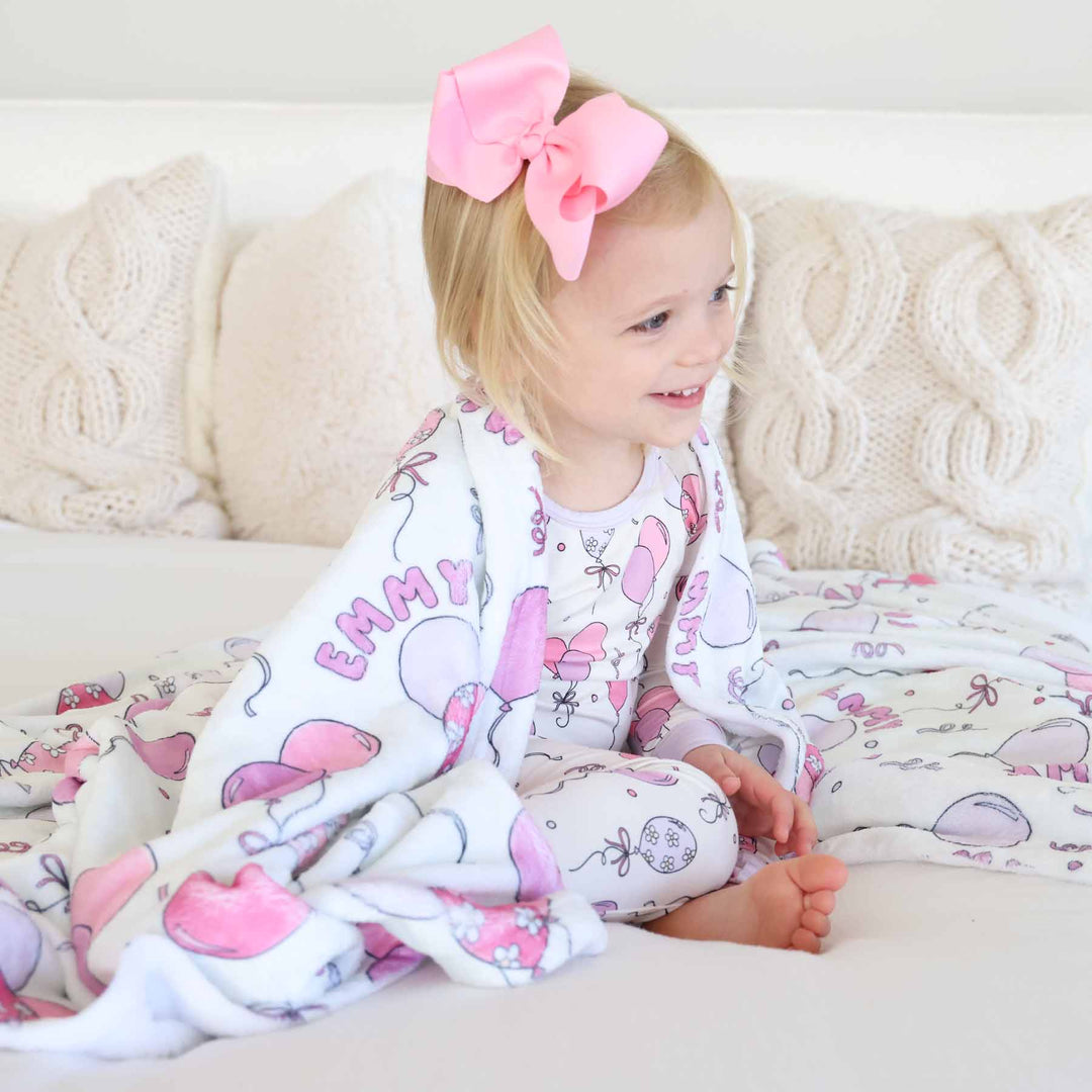 pink party time two piece pajama set with matching ribbon bow