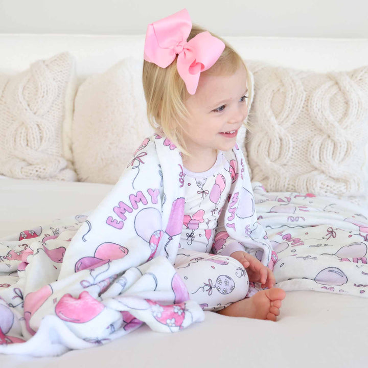 pink party time two piece pajama set with matching ribbon bow