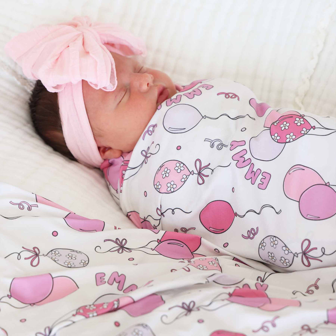 pink party time personalized swaddle blanket for newborn girls 