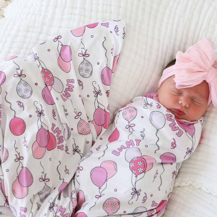 pink party time personalized swaddle blanket 