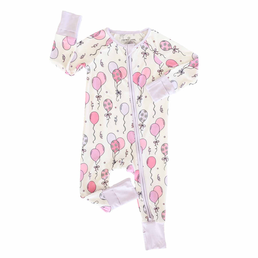 pink and purple balloon bamboo convertible zip romper for baby and toddler girls 