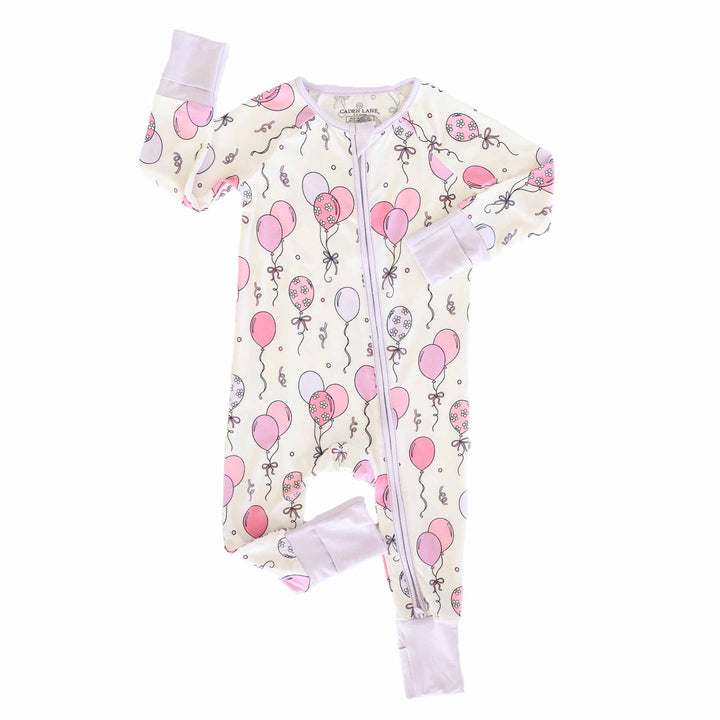 pink and purple balloon bamboo convertible zip romper for baby and toddler girls 