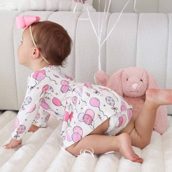 long sleeve balloon and streamer bamboo viscose bodysuit for baby girls 