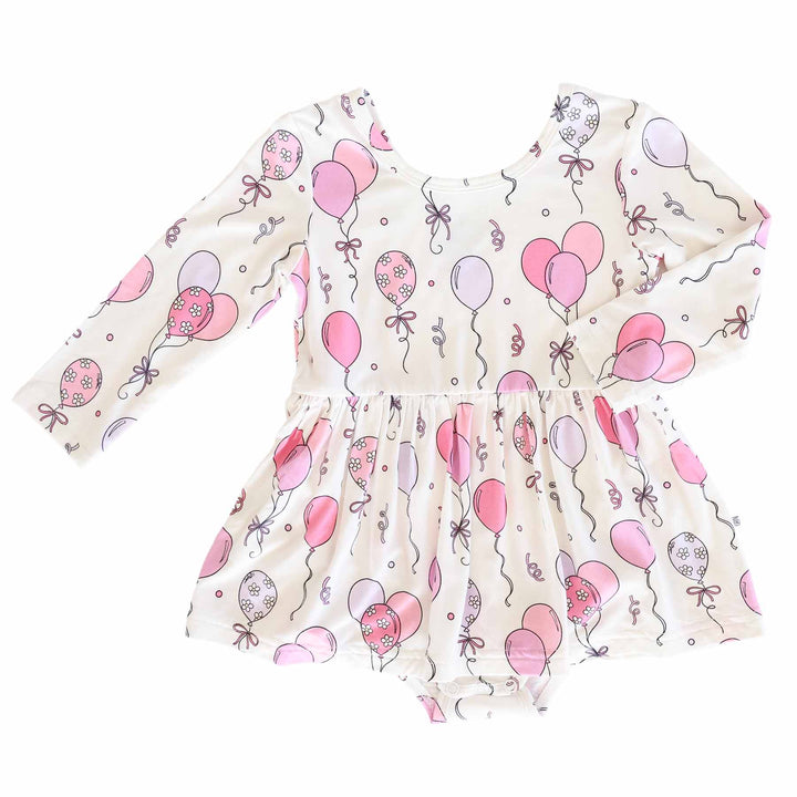 long sleeve pink and purple floral balloon and streamer snap bodysuit for girls with skirt 