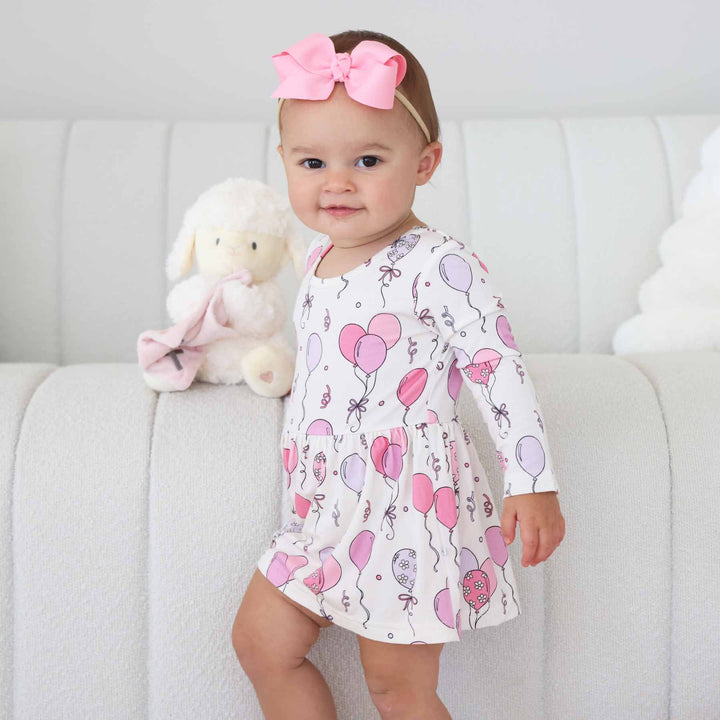 pink party time skirt bodysuit for girls with long sleeves 