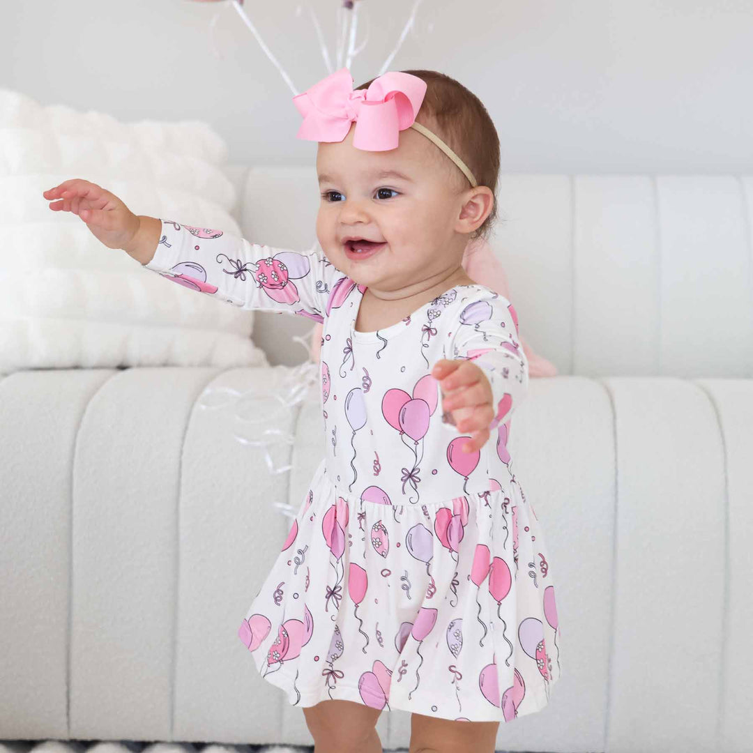 pink balloon and streamer bamboo viscose skirt bodysuit for baby girls 