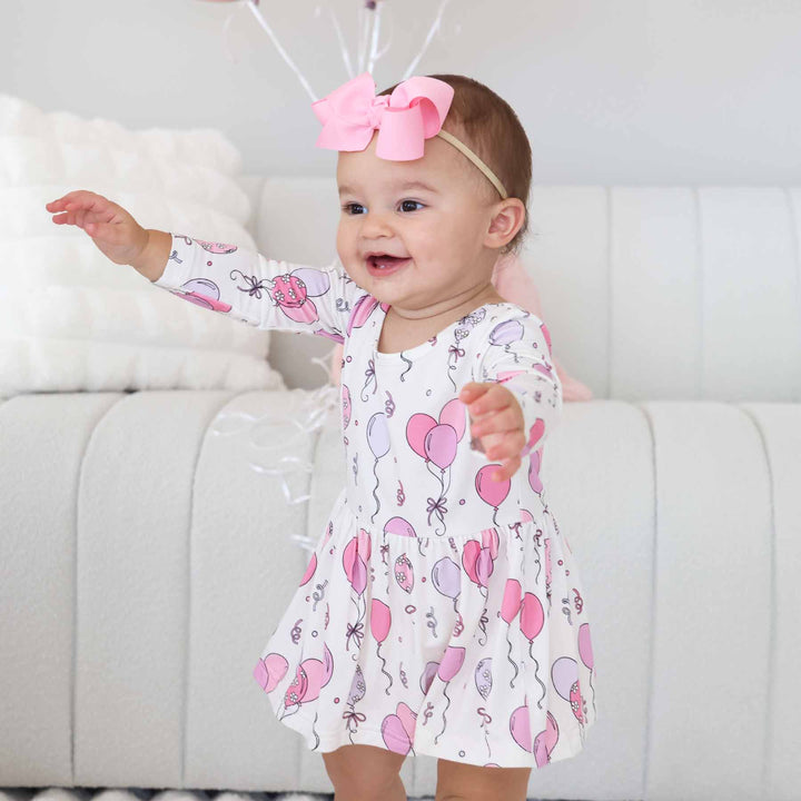 pink balloon and streamer bamboo viscose skirt bodysuit for baby girls 