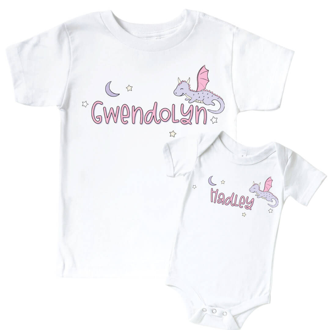 Personalized Dragon Adventure Pink Graphic Bodysuit & Kids Tee | White