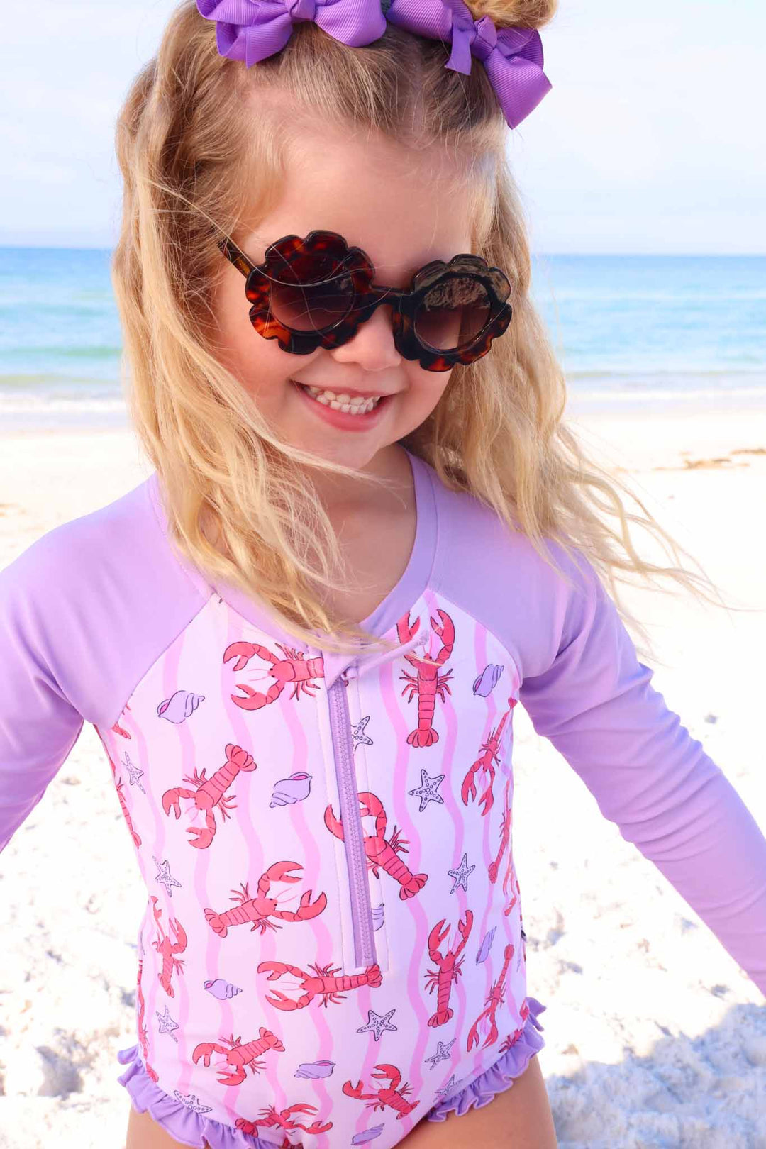 lobster, seashell and star fish front zipper long sleeve rash guard in purple 