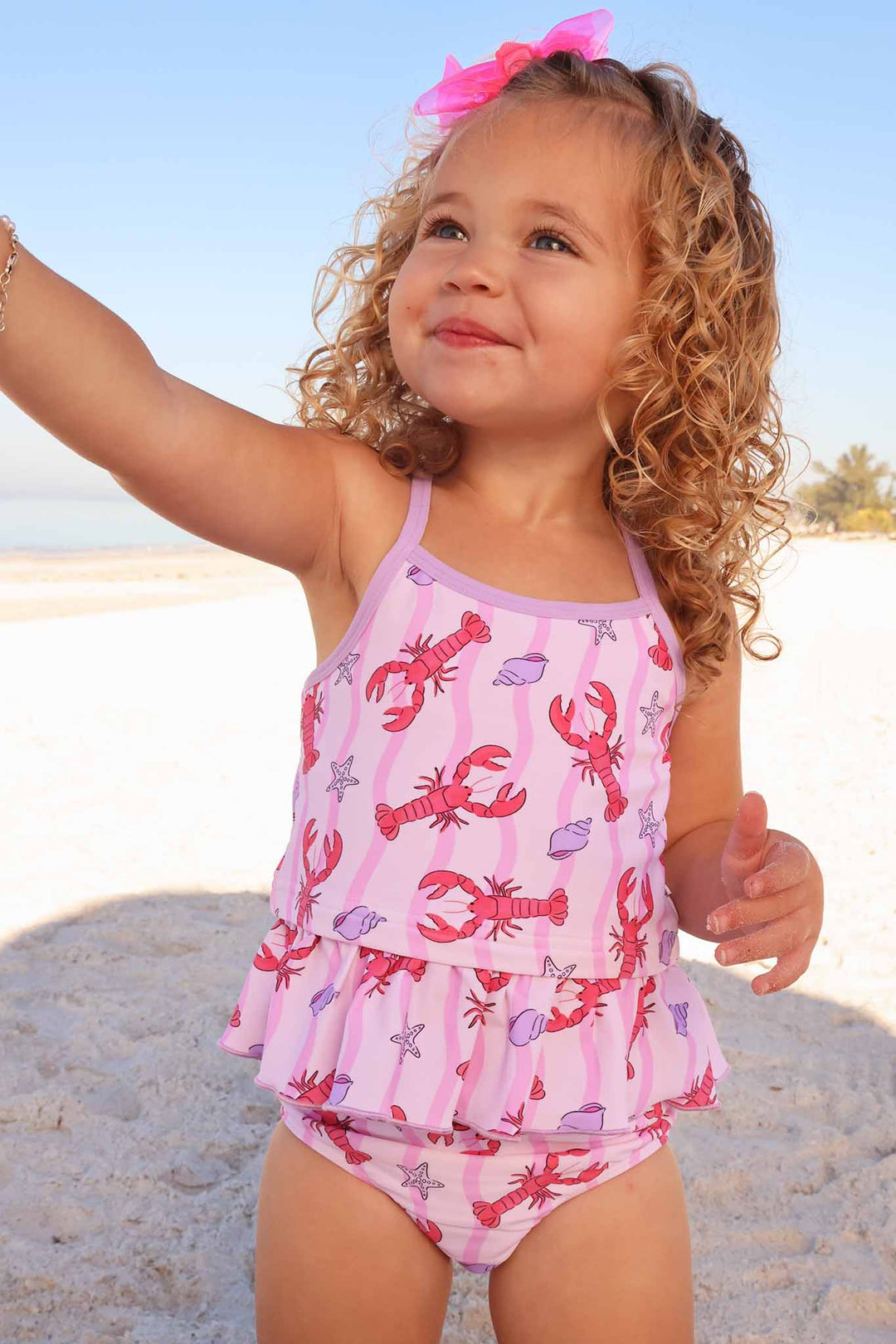 pink and purple lobster, starfish and seashell two piece tankini for girls 
