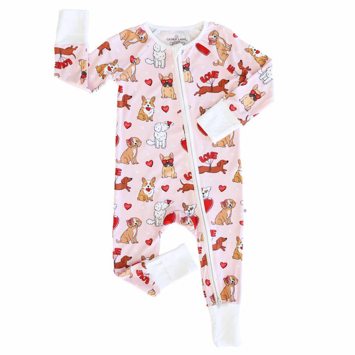 pups & kisses pink french bulldog, wiener dog, poodle and heart pink zip romper pajama made of bamboo 