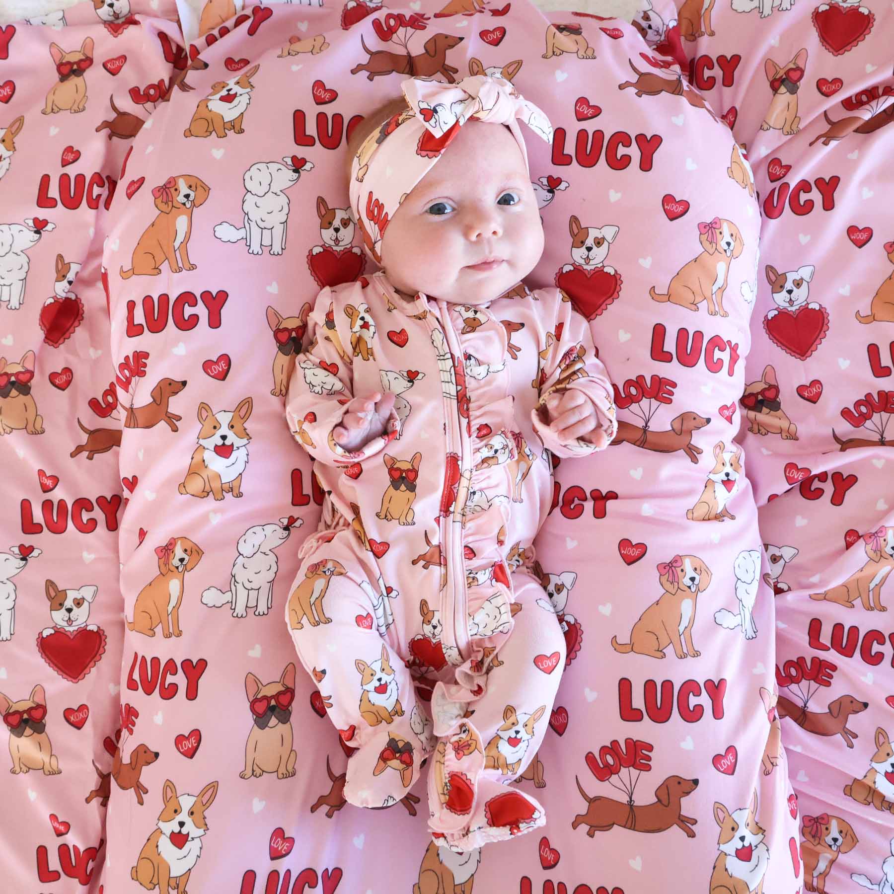 Pups & Kisses Ruffle Zipper Footie | Pink