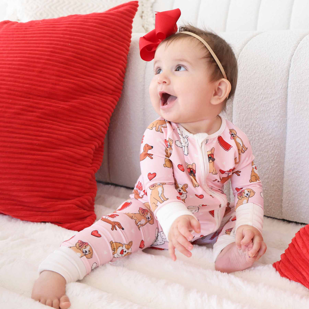pink valentine's day puppy zip romper pajama for babies and toddlers 