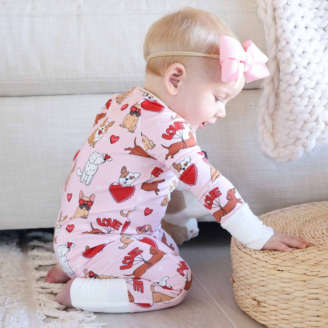 pups and kisses pink valentine's day sibling matching pajamas 