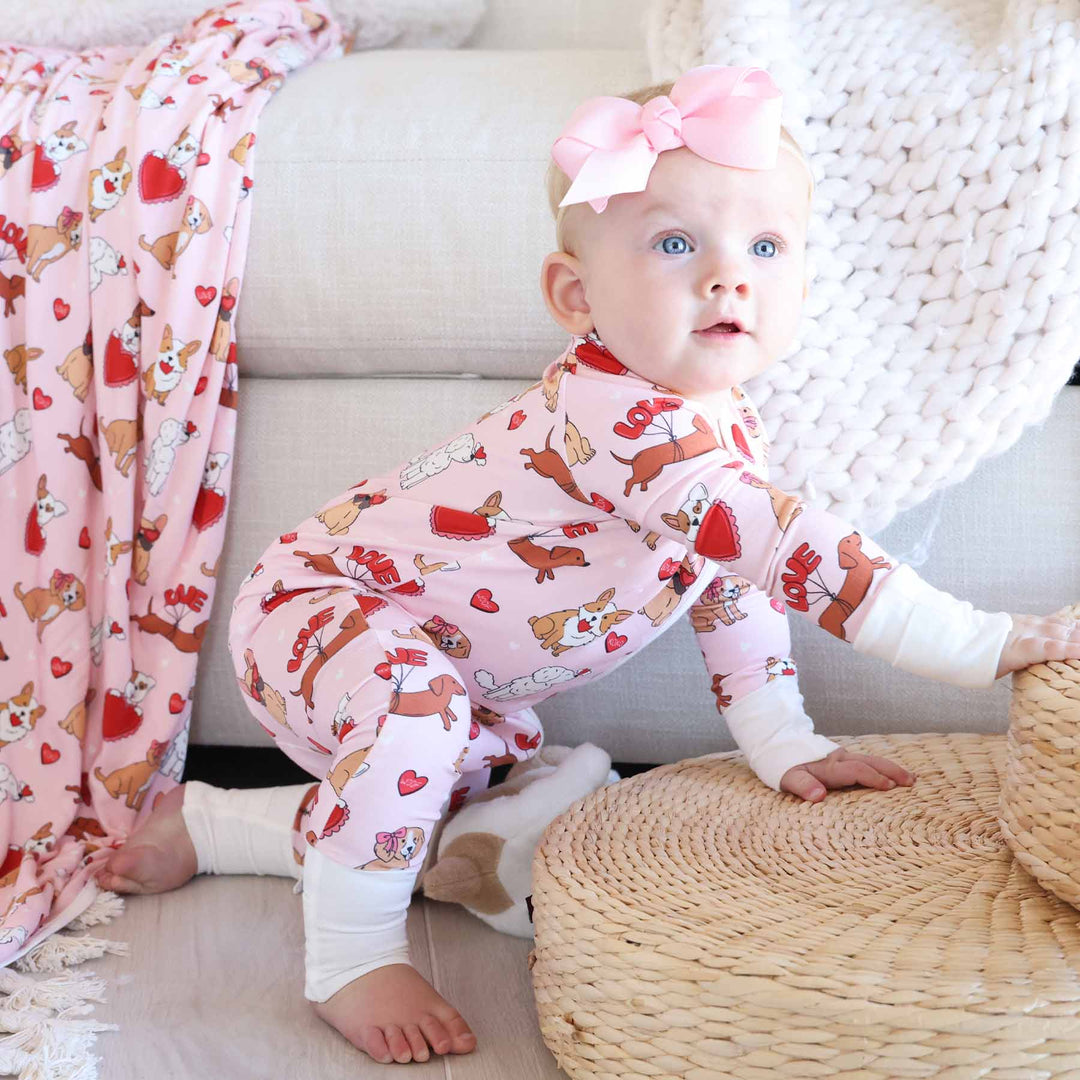 pink valentine's day puppy and heart balloon bamboo viscose zip romper pajama 