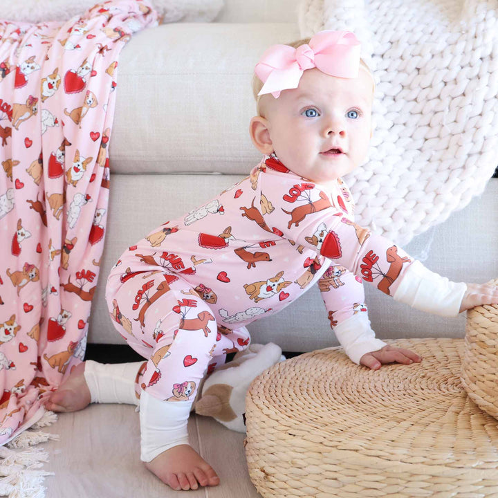 pink valentine's day puppy and heart balloon bamboo viscose zip romper pajama 