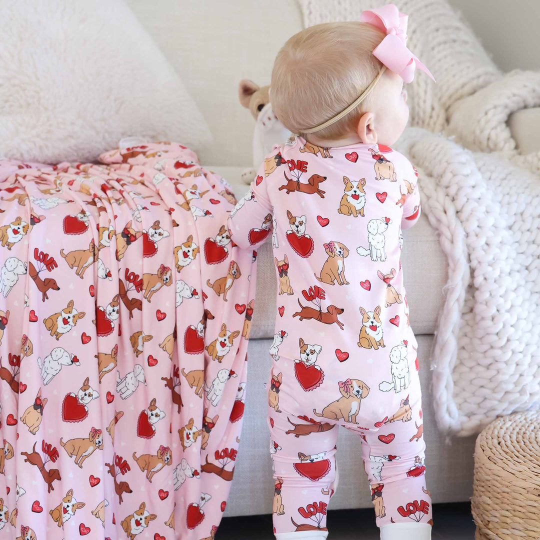pink pups & kisses convertible zip romper pajama for girls 