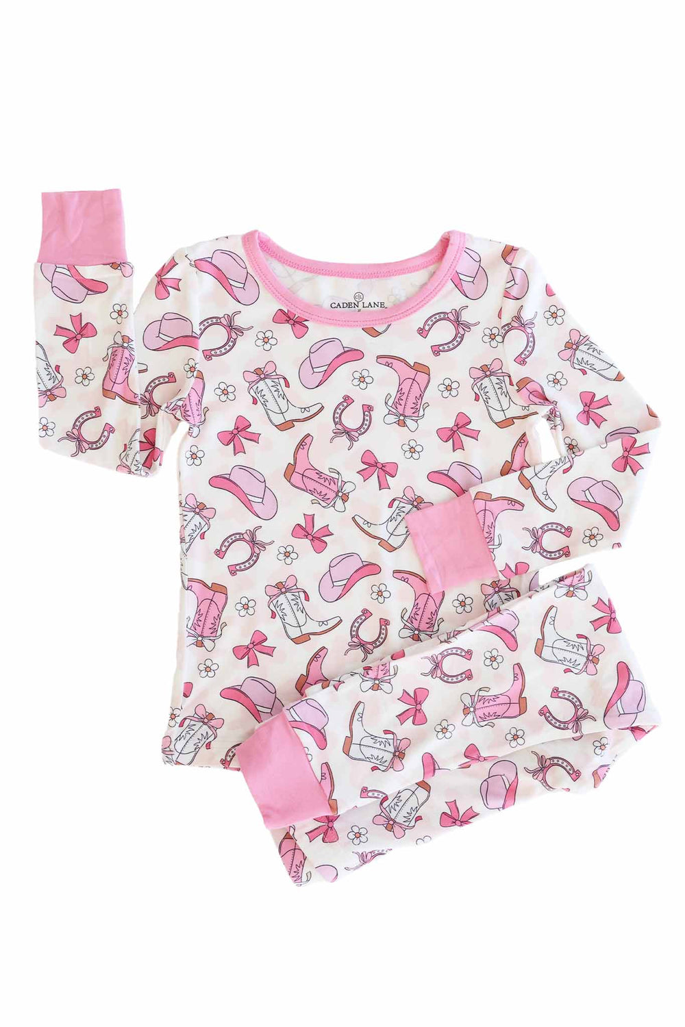 pink cowgirl boot, hat, horseshoe, daisy and bow long sleeve and pant two piece pajama set for girls 