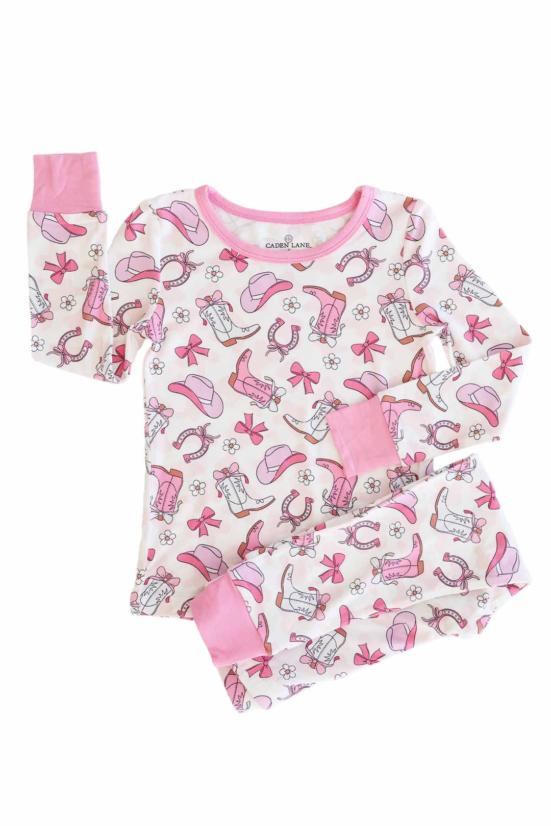 pink cowgirl boot, hat, horseshoe, daisy and bow long sleeve and pant two piece pajama set for girls 