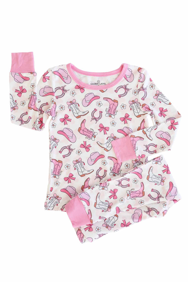pink cowgirl boot, hat, horseshoe, daisy and bow long sleeve and pant two piece pajama set for girls 