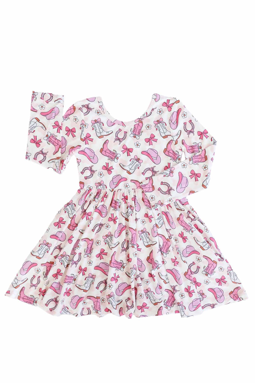long sleeve twirl dress for girls in pink rodeo dreams print 