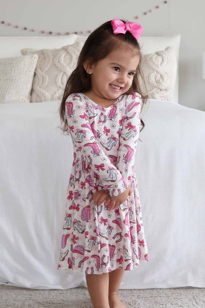 long sleeve casual dress for girls in pink rodeo print 