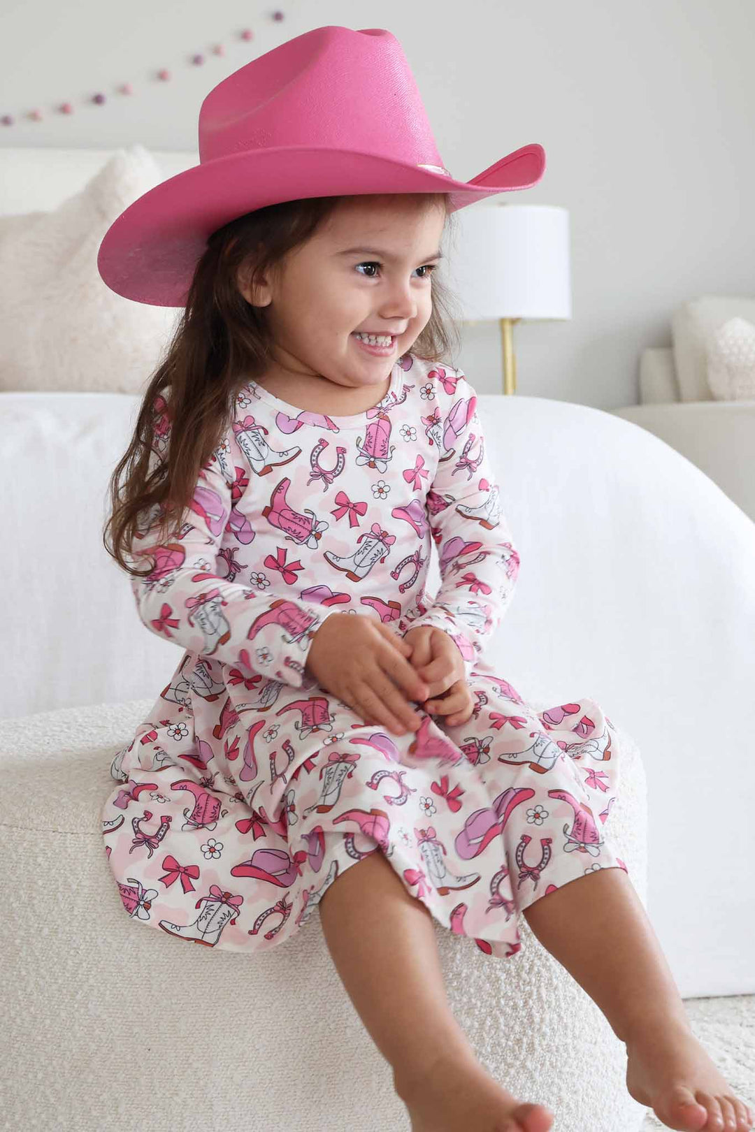 long sleeve crew neck dress for kids in pink western print 